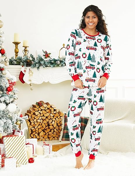Christmas Pajamas Soft & Stretchy Family Matching Long Sleeve Sets Christmas Cars Patterned Sleepwear for Women Men Couples Adult Kids