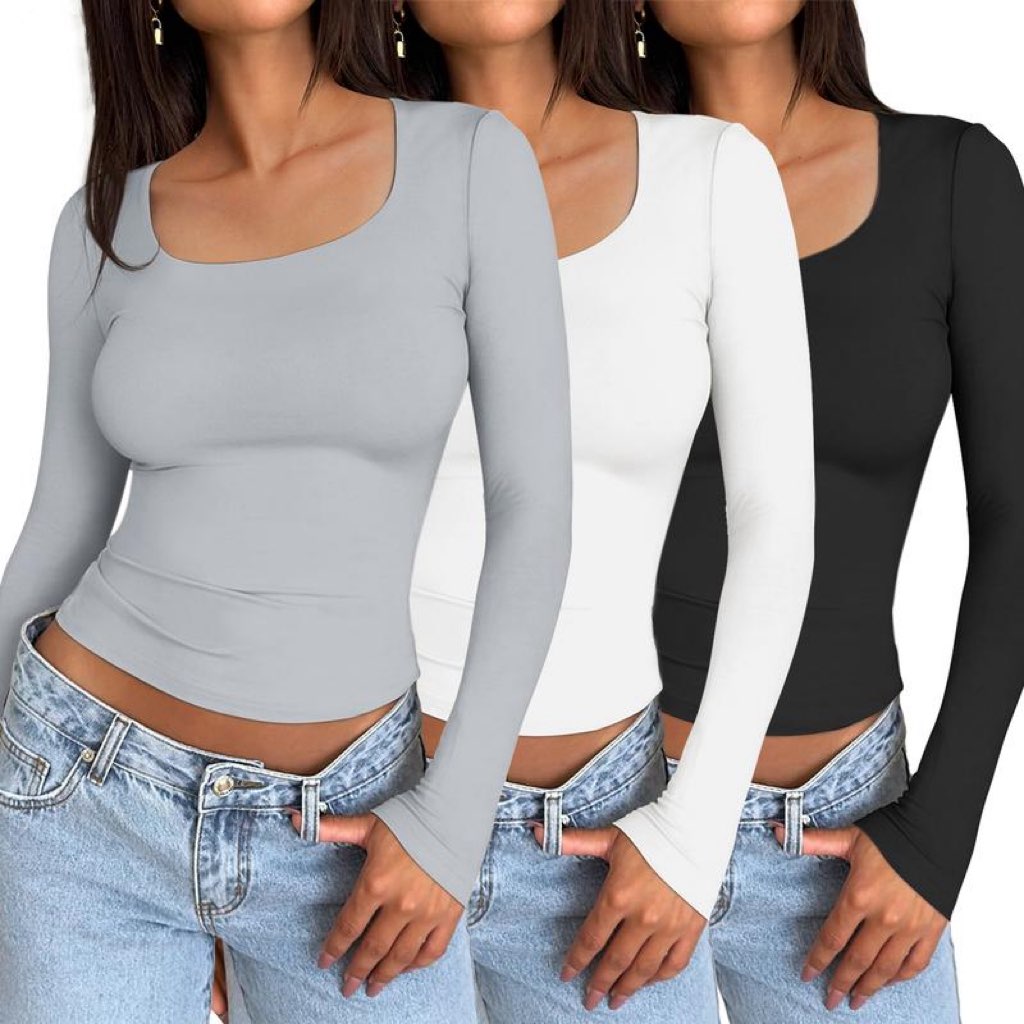 Women's 3 Pack Long Sleeve Crop Tops Slim Fit Y2K Fashion Basic Layering Shirts