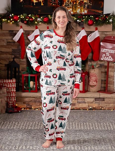 Christmas Pajamas Soft & Stretchy Family Matching Long Sleeve Sets Christmas Cars Patterned Sleepwear for Women Men Couples Adult Kids
