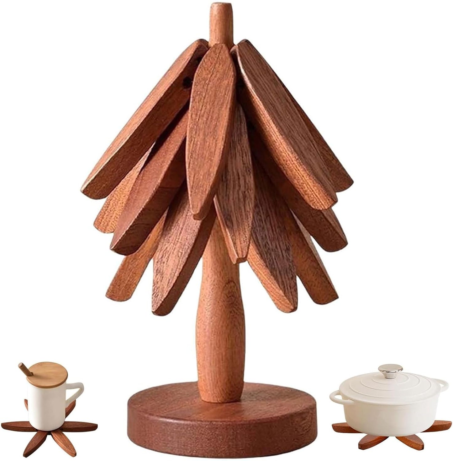 "Walnut Wood Trivet Set – 4 Foldable Hot Plate Holders with Stand"