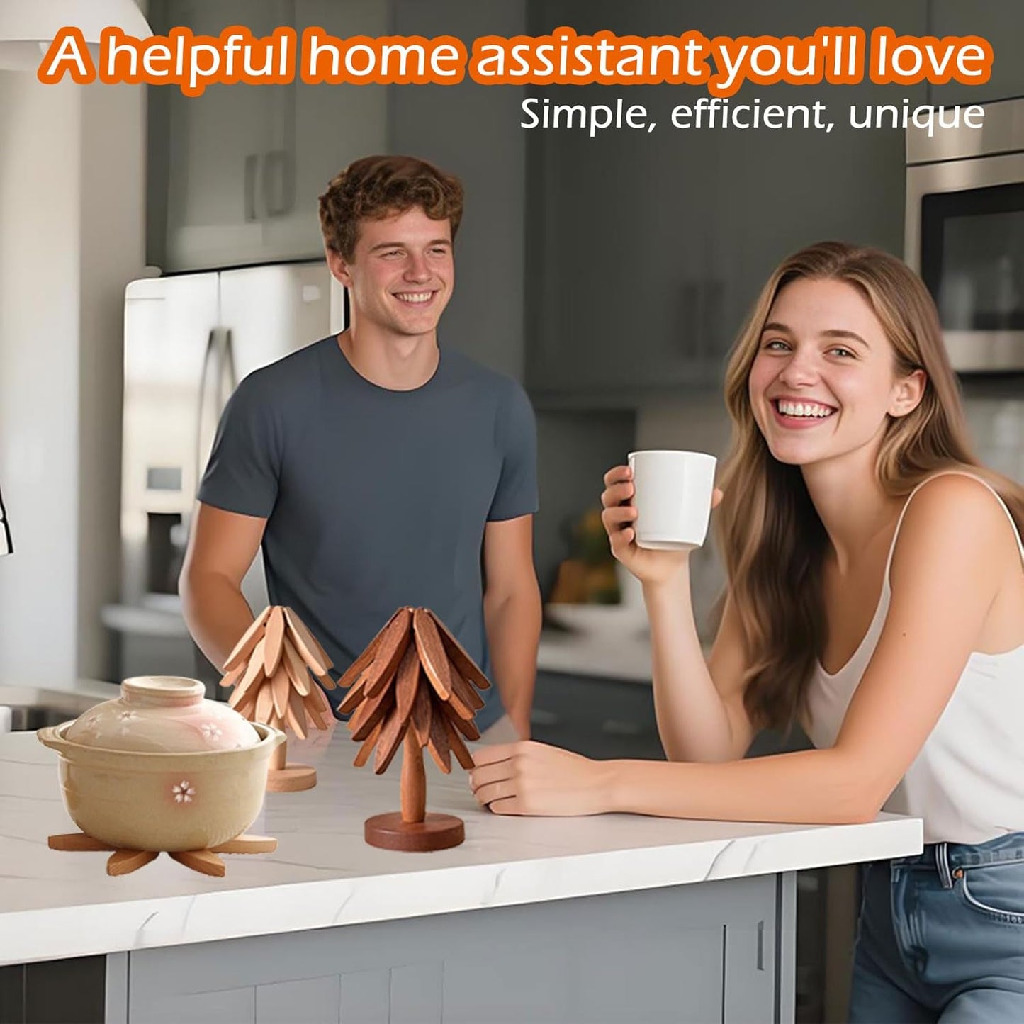 "Walnut Wood Trivet Set – 4 Foldable Hot Plate Holders with Stand"