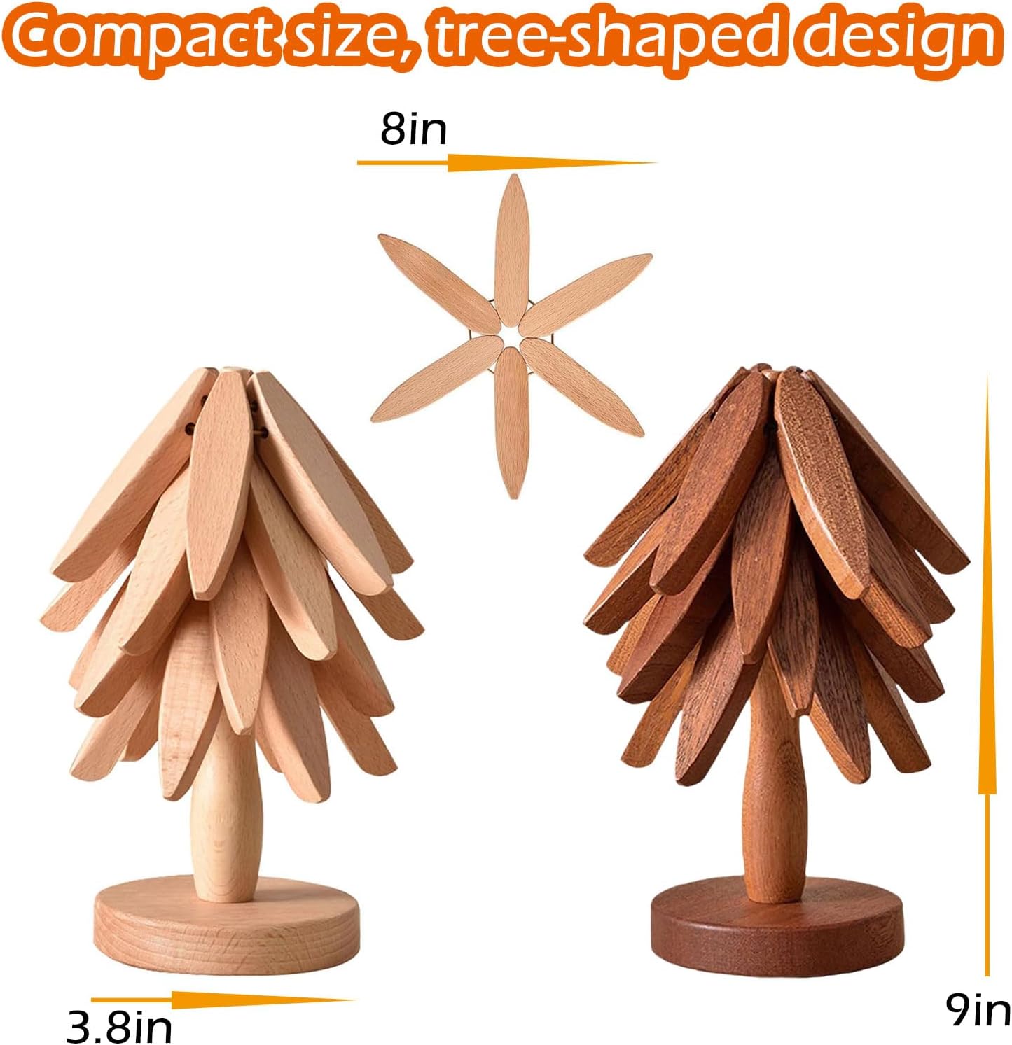 "Walnut Wood Trivet Set – 4 Foldable Hot Plate Holders with Stand"