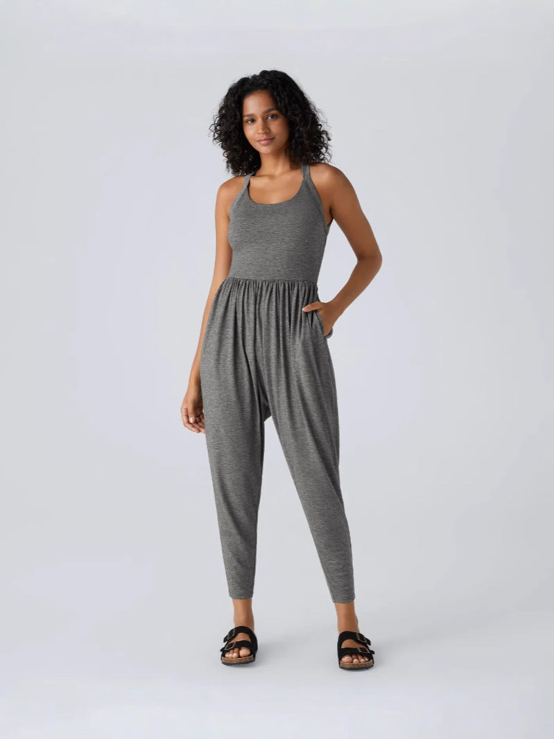 U Neck Pocket Harem Casual Jumpsuit