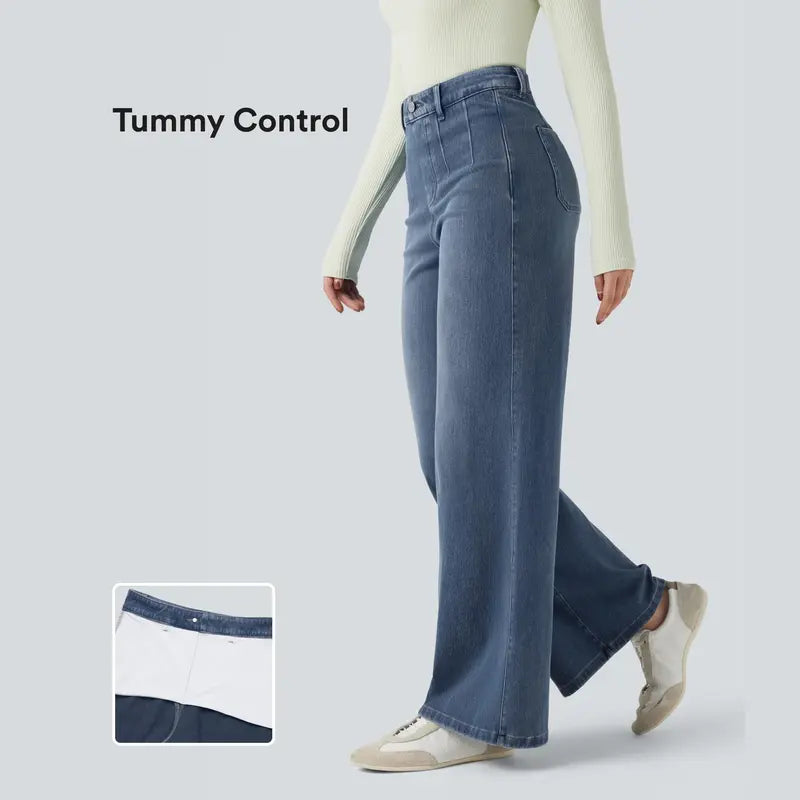 Mid Rise Tummy Control Wide Leg Casual Jeans with Pockets