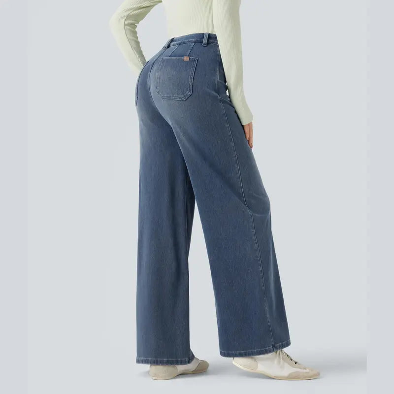 Mid Rise Tummy Control Wide Leg Casual Jeans with Pockets
