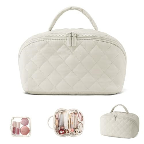 2-in-1 Puffer Travel Makeup Bag – Waterproof Cosmetic Organizer with Brush Holder & Handle