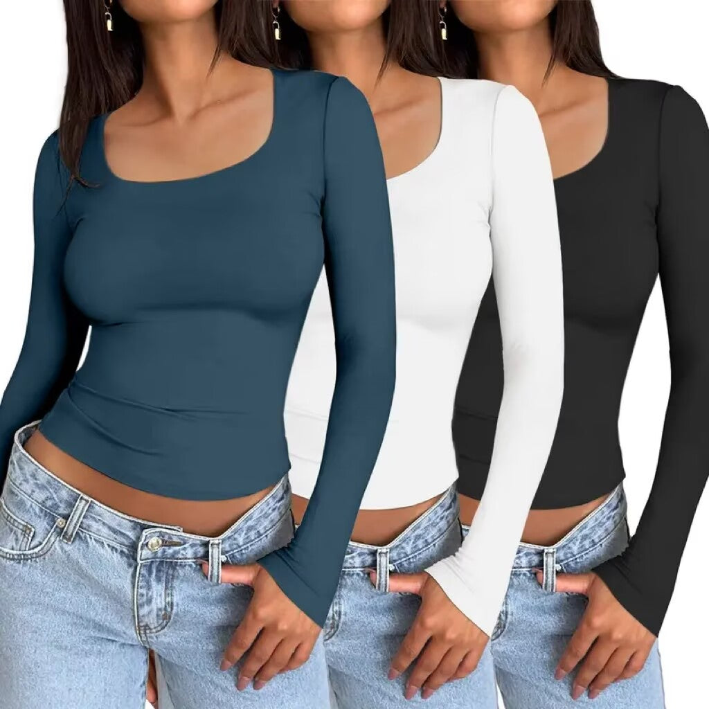 Women's 3 Pack Long Sleeve Crop Tops Slim Fit Y2K Fashion Basic Layering Shirts