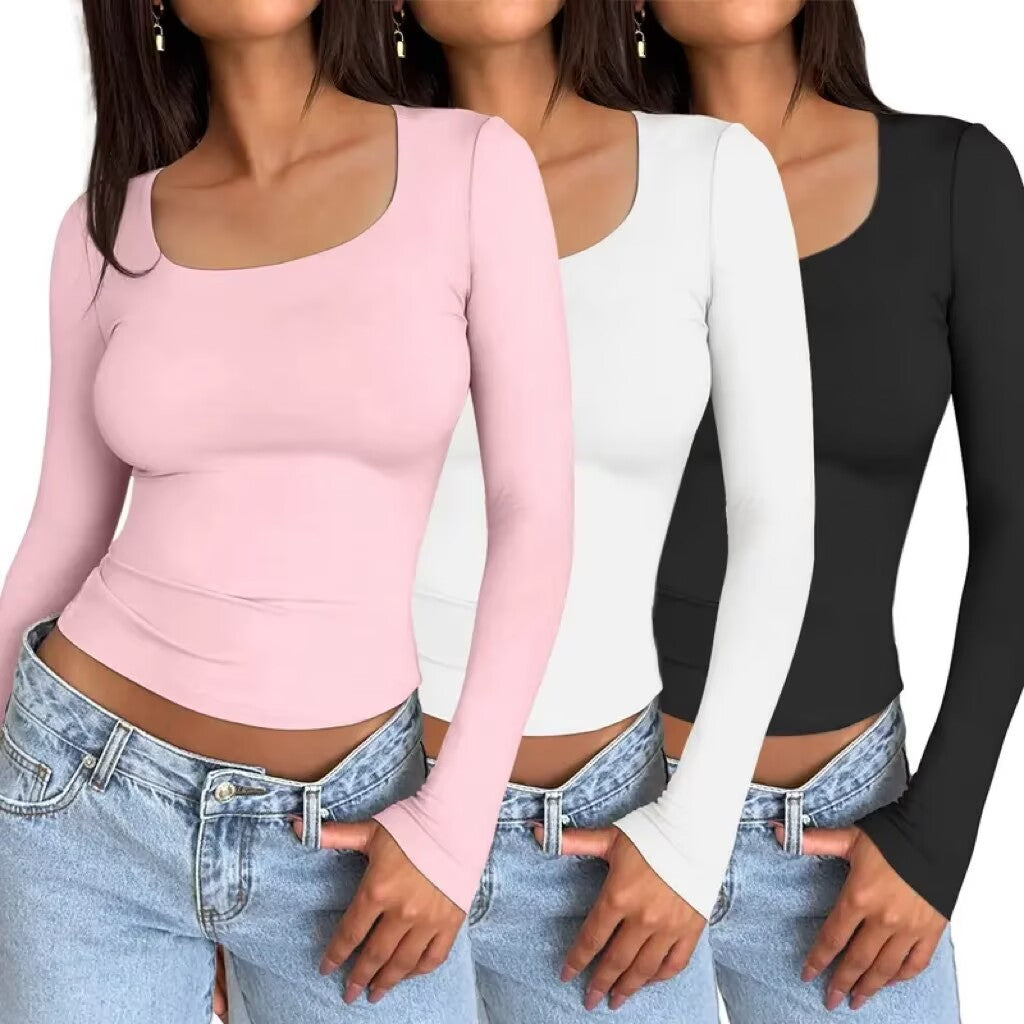 Women's 3 Pack Long Sleeve Crop Tops Slim Fit Y2K Fashion Basic Layering Shirts