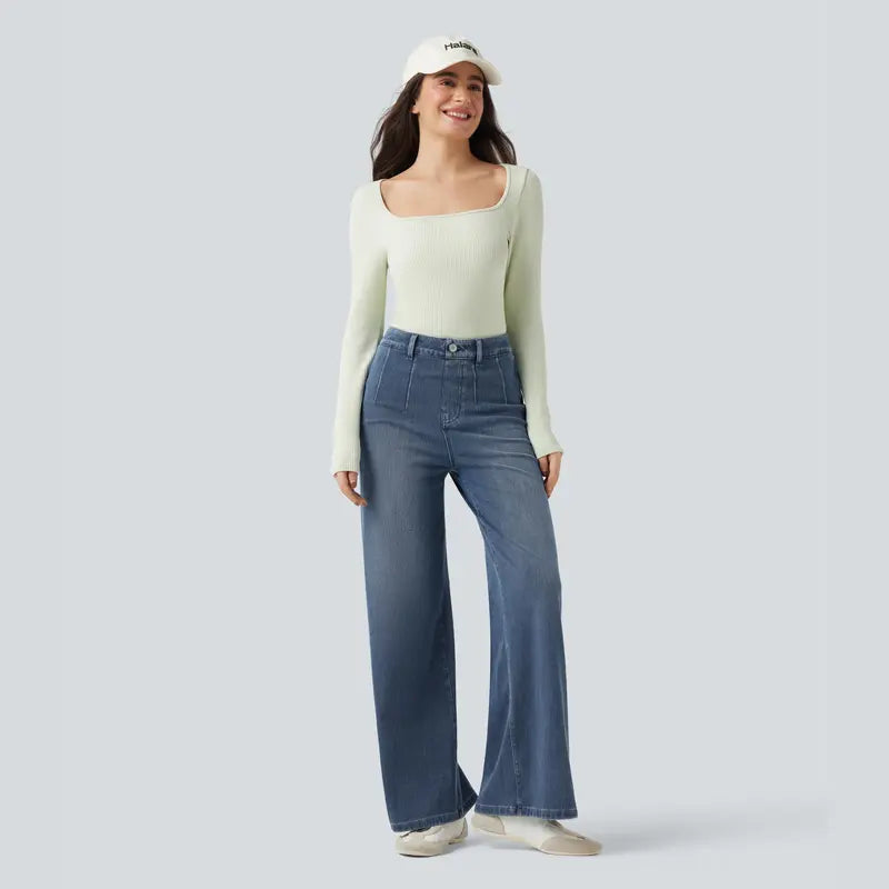 Mid Rise Tummy Control Wide Leg Casual Jeans with Pockets