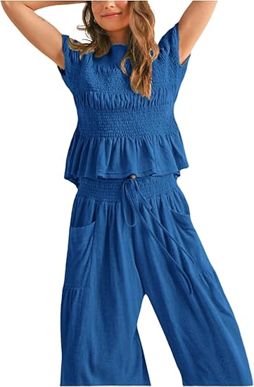 ✨ Bohemian Smocked Top 👖 High-Waisted Wide-Leg Pants