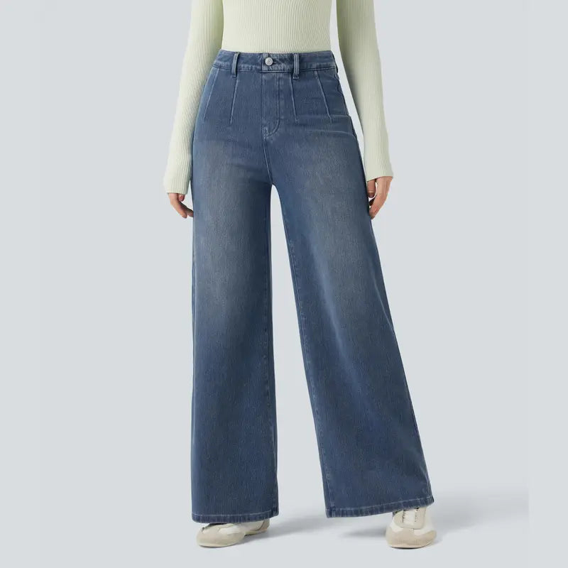 Mid Rise Tummy Control Wide Leg Casual Jeans with Pockets
