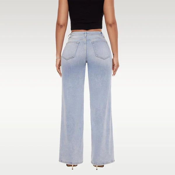 Women's washed and distressed loose bootcut mid-rise jeans
