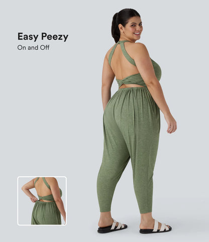 U Neck Pocket Harem Casual Jumpsuit