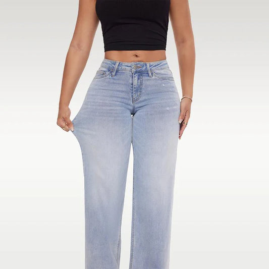 Women's washed and distressed loose bootcut mid-rise jeans