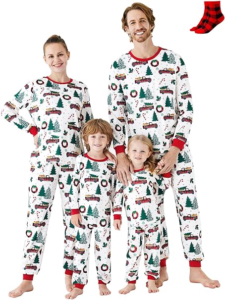 Christmas Pajamas Soft & Stretchy Family Matching Long Sleeve Sets Christmas Cars Patterned Sleepwear for Women Men Couples Adult Kids