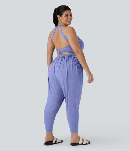 U Neck Pocket Harem Casual Jumpsuit