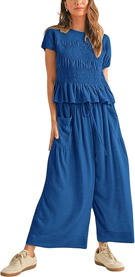 ✨ Bohemian Smocked Top 👖 High-Waisted Wide-Leg Pants
