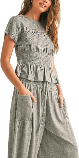 ✨ Bohemian Smocked Top 👖 High-Waisted Wide-Leg Pants