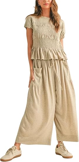 ✨ Bohemian Smocked Top 👖 High-Waisted Wide-Leg Pants