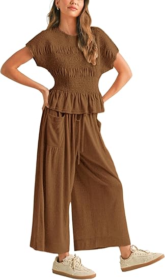 ✨ Bohemian Smocked Top 👖 High-Waisted Wide-Leg Pants