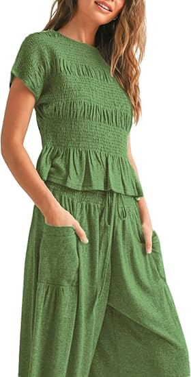 ✨ Bohemian Smocked Top 👖 High-Waisted Wide-Leg Pants