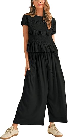 ✨ Bohemian Smocked Top 👖 High-Waisted Wide-Leg Pants