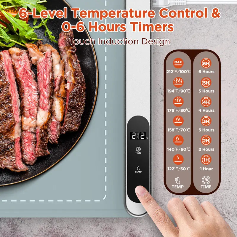 Electric Food Warming Mat with 6 Temperature Levels & 6-Hour Timer