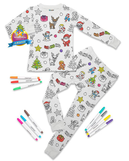 Kids Christmas Coloring Pajamas Set with Markers Soft Bamboo Viscose 2-Piece