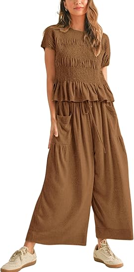 ✨ Bohemian Smocked Top 👖 High-Waisted Wide-Leg Pants