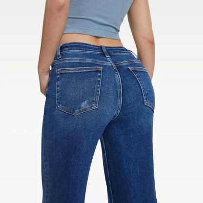 Women's washed and distressed loose bootcut mid-rise jeans