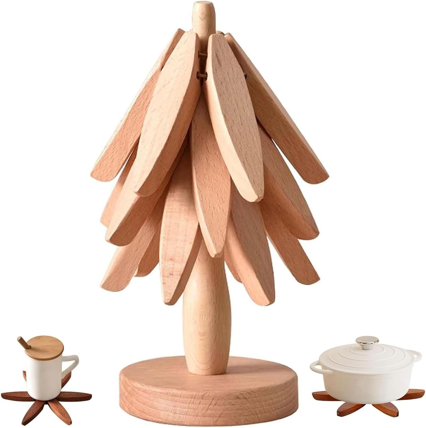 "Walnut Wood Trivet Set – 4 Foldable Hot Plate Holders with Stand"