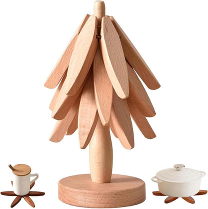 "Walnut Wood Trivet Set – 4 Foldable Hot Plate Holders with Stand"