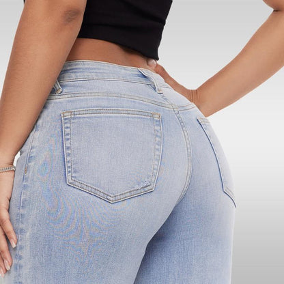 Women's washed and distressed loose bootcut mid-rise jeans