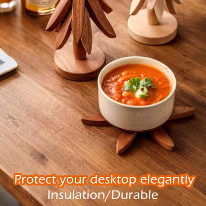 "Walnut Wood Trivet Set – 4 Foldable Hot Plate Holders with Stand"