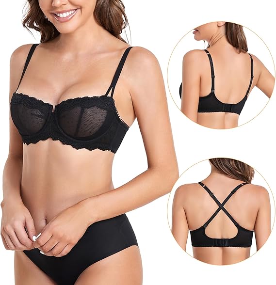 Sexy Lace Bra Underwire Balconette Unlined Demi Sheer Plus Size