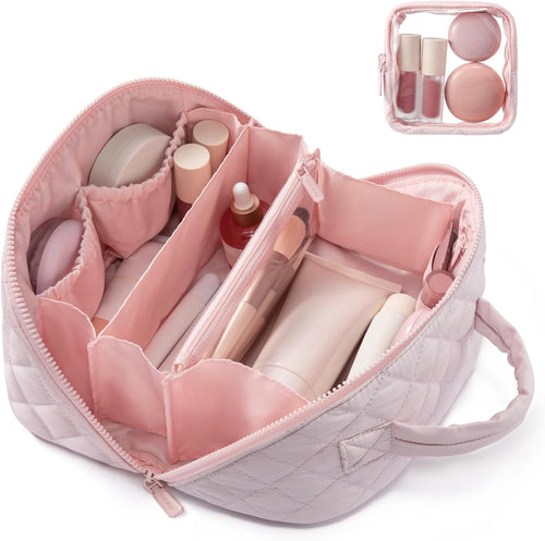 2-in-1 Puffer Travel Makeup Bag – Waterproof Cosmetic Organizer with Brush Holder & Handle