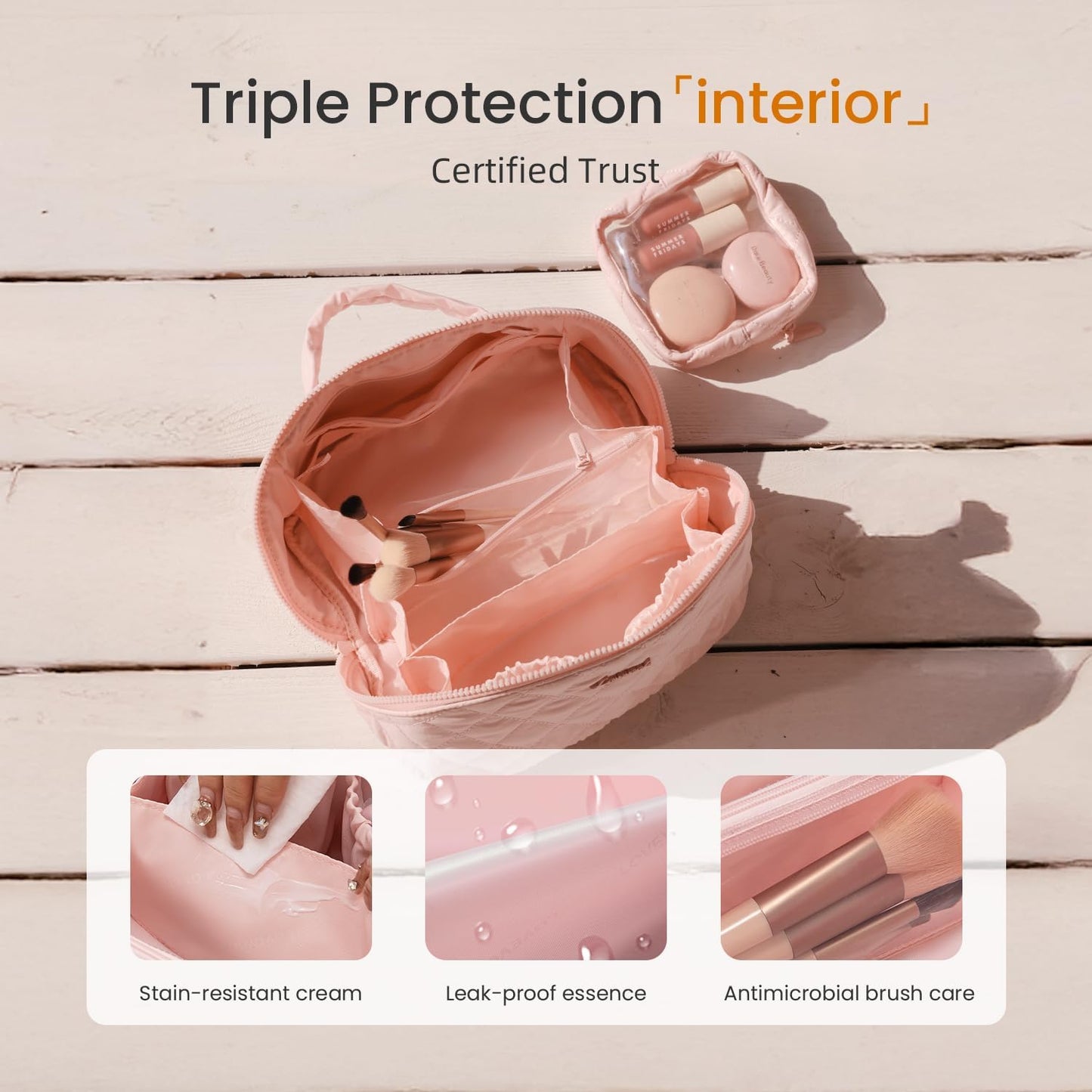 2-in-1 Puffer Travel Makeup Bag – Waterproof Cosmetic Organizer with Brush Holder & Handle