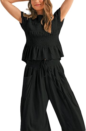 ✨ Bohemian Smocked Top 👖 High-Waisted Wide-Leg Pants
