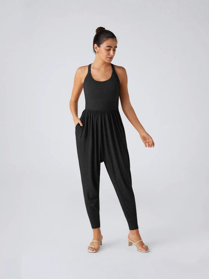 U Neck Pocket Harem Casual Jumpsuit