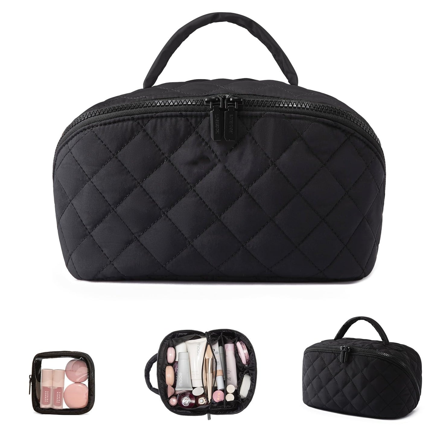 2-in-1 Puffer Travel Makeup Bag – Waterproof Cosmetic Organizer with Brush Holder & Handle