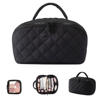 2-in-1 Puffer Travel Makeup Bag – Waterproof Cosmetic Organizer with Brush Holder & Handle