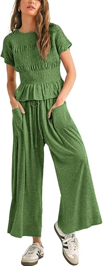 ✨ Bohemian Smocked Top 👖 High-Waisted Wide-Leg Pants