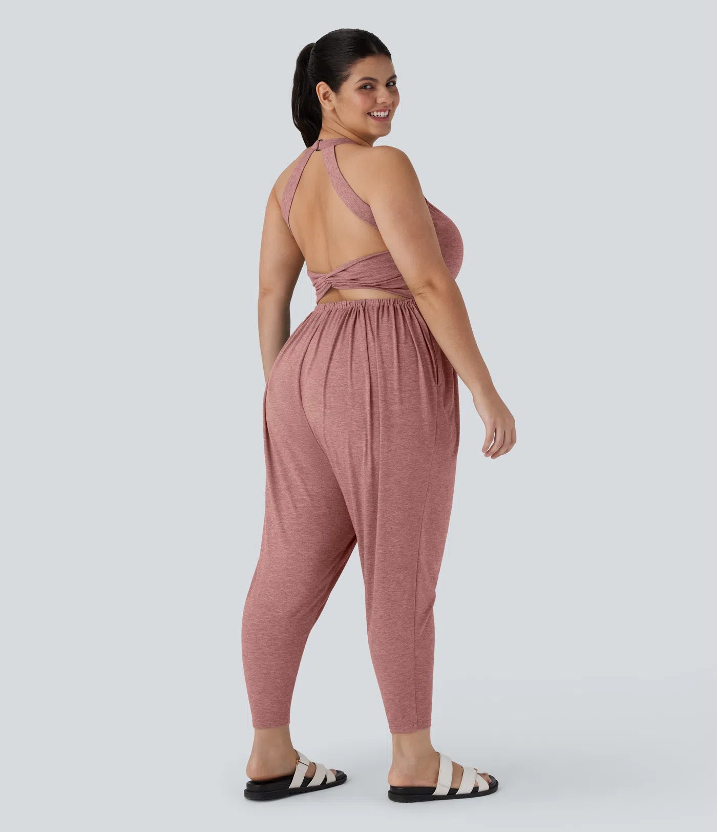 U Neck Pocket Harem Casual Jumpsuit
