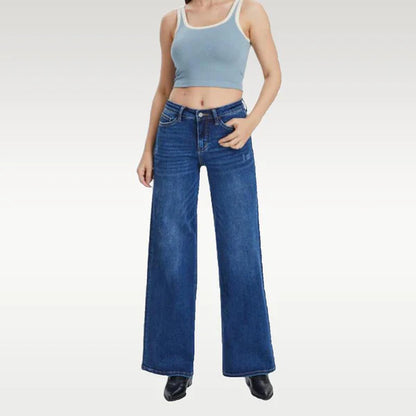 Women's washed and distressed loose bootcut mid-rise jeans