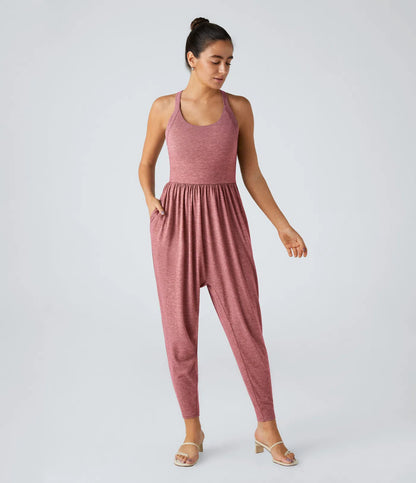 U Neck Pocket Harem Casual Jumpsuit