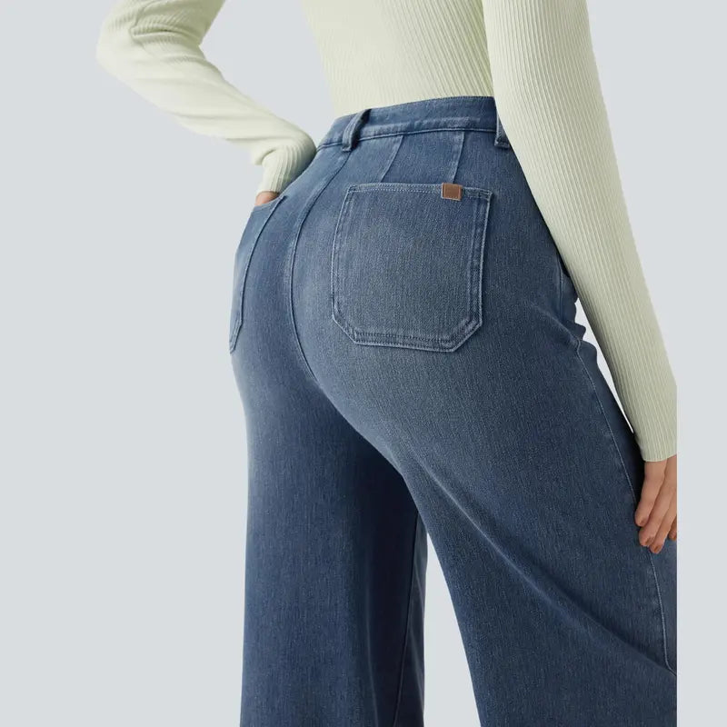 Mid Rise Tummy Control Wide Leg Casual Jeans with Pockets