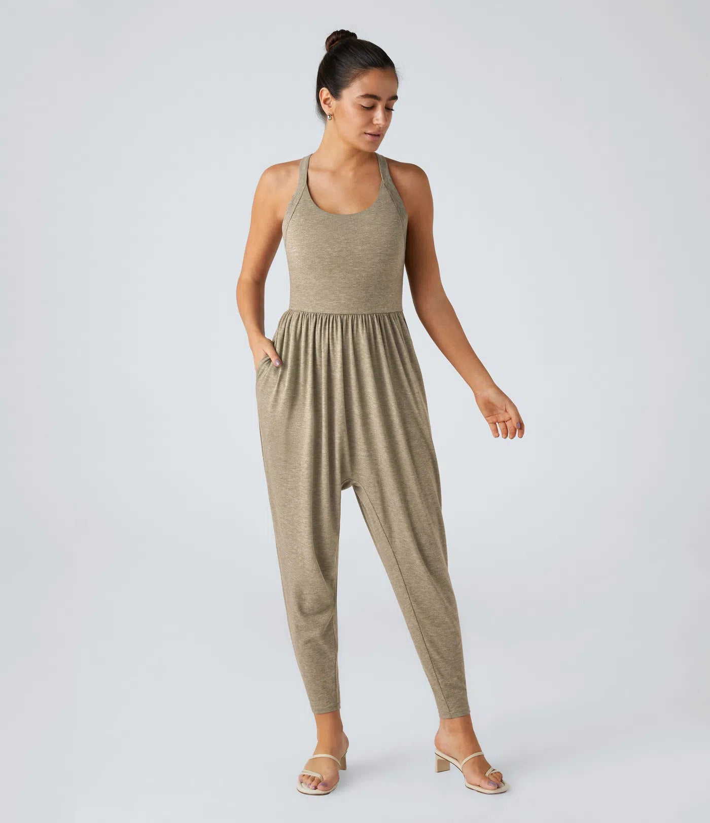 U Neck Pocket Harem Casual Jumpsuit