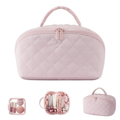 2-in-1 Puffer Travel Makeup Bag – Waterproof Cosmetic Organizer with Brush Holder & Handle