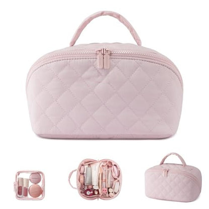 2-in-1 Puffer Travel Makeup Bag – Waterproof Cosmetic Organizer with Brush Holder & Handle