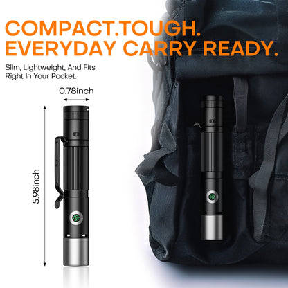 600LM Rechargeable EDC Flashlight - 7 Modes, Magnetic Base & Emergency Alarm